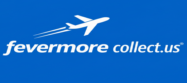 A blue square background with a white airplane icon above the text 'fevermore collect.us' in white.